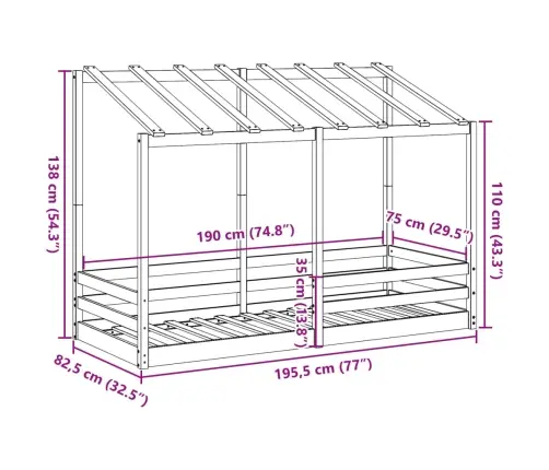 Bērnu Gulta Ar Jumtu, 75X190 Cm, Priedes Masīvkoks Vidaxl