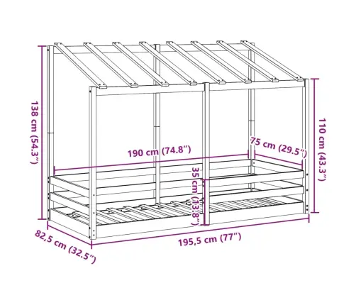 Lastevoodi Koos Katusega, Valge, 75X190 cm Männipuit