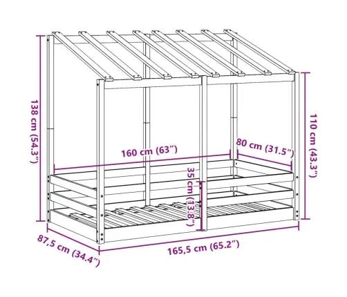Bērnu Gulta Ar Jumtu, Vaska Brūna, 80X160 Cm, Priedes Masīvkoks Vidaxl