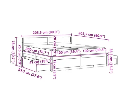 Gulta Ar Atvilktnēm Un Matraci, Balta, 200X200 Cm, Priedes Koks Vidaxl