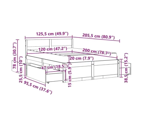 Gulta Ar Atvilktnēm Un Matraci, Vaska Brūna, 120X200 Cm, Priede Vidaxl