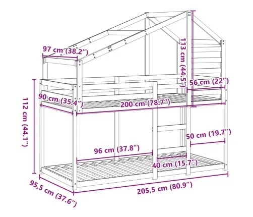 Dviaukštė Lova Be Čiužinio, 90X200cm Pušies Medienos Masyvas