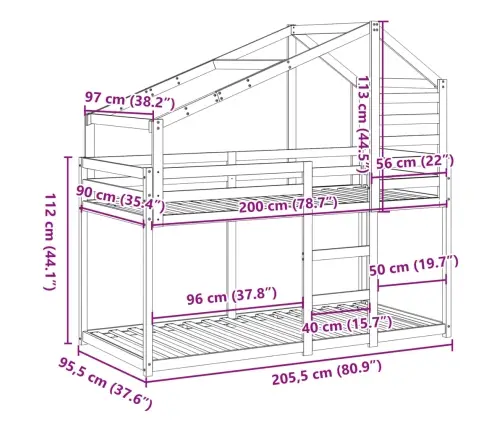 Katusega Narivoodi, Valge, 90 X 200 cm Männipuit