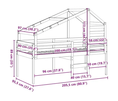 Kõrge Voodi, Katusega, 90X200 cm Männipuit