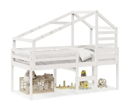 Aukšta Lova Su Stogu, Balta, 90X200cm Pušies Medienos Masyvas