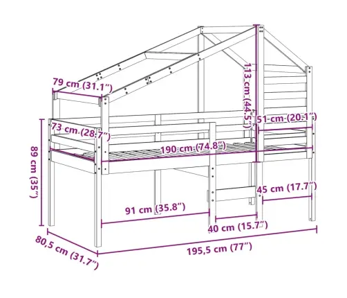 Kõrge Voodi, Katusega, 75 X 190 cm Männipuit