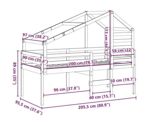 Kõrge Voodi Redeli Ja Katusega, 90X200 cm Männipuit