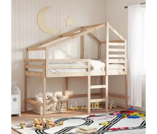 Kõrge Voodi Redeli Ja Katusega, 90X200 cm Männipuit