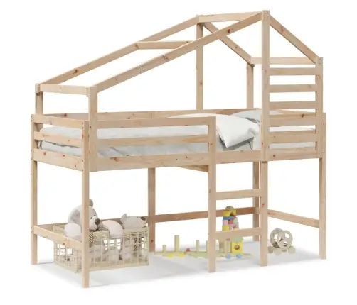 Aukšta Lova Su Kopėčiomis Ir Stogu, 90X190cm Pušies Masyvas