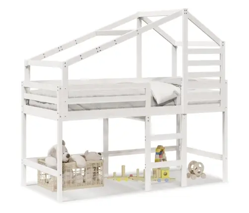 Kõrge Voodi Redeli Ja Katusega, Valge, 90 X 190 cm Männipuit