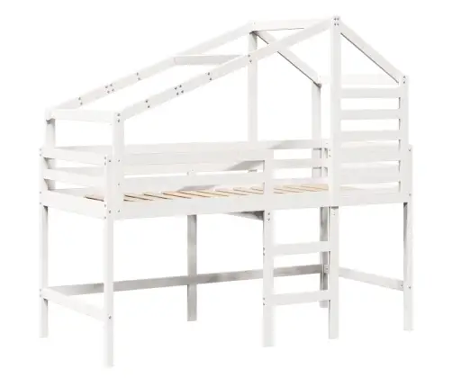 Kõrge Voodi Redeli Ja Katusega, Valge, 90 X 190 cm Männipuit