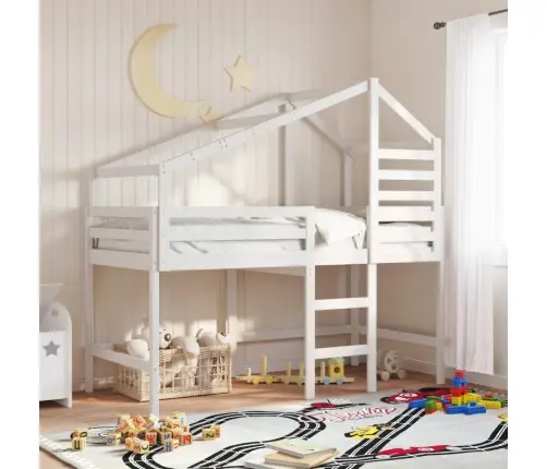 Kõrge Voodi Redeli Ja Katusega, Valge, 90 X 190 cm Männipuit