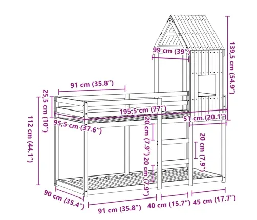 Divstāvu Gulta Ar Jumtu, Balta, 90X190 Cm, Priedes Masīvkoks Vidaxl