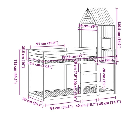 Divstāvu Gulta Ar Jumtu, 90X190 Cm, Priedes Masīvkoks Vidaxl