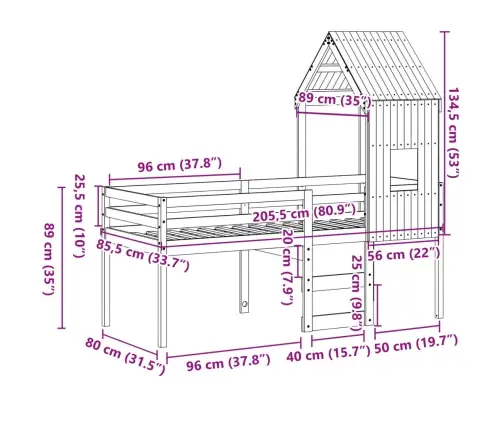 Augstā Gulta Ar Jumtu, 80X200 Cm, Priedes Masīvkoks Vidaxl