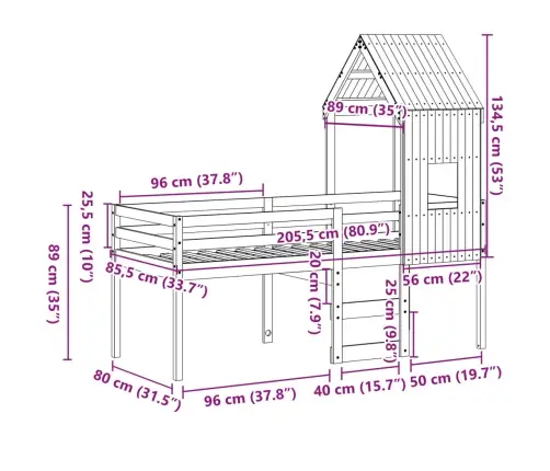 Aukšta Lova Su Stogu, Balta, 80X200cm Pušies Medienos Masyvas