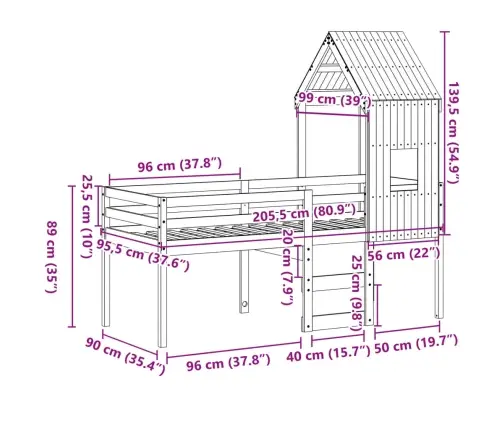 Kõrge Voodi, Katusega, Valge, 90 X 200 cm Männipuit