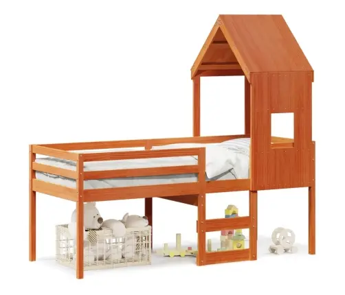 Aukšta Lova Su Stogu, Vaško Ruda, 90X200cm Pušies Masyvas