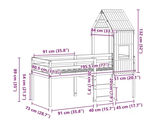 Kõrge Voodi, Katusega, Meepruun, 75 X 190 cm Männipuit