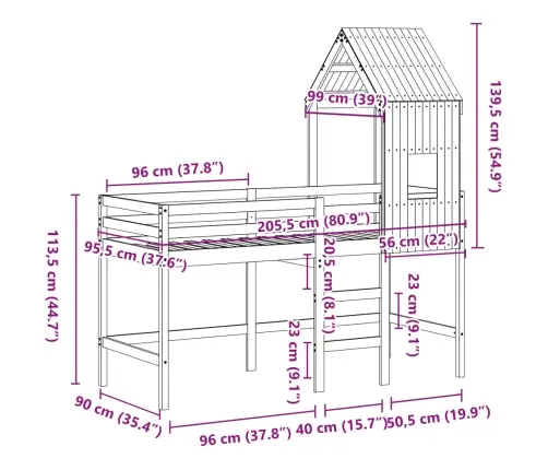 Augstā Gulta Ar Jumtu, 90X200 Cm, Priedes Masīvkoks Vidaxl