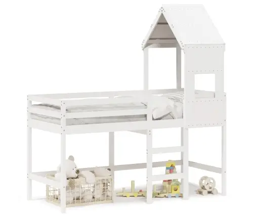 Augstā Gulta Ar Jumtu, Balta, 90X190 Cm, Priedes Masīvkoks Vidaxl