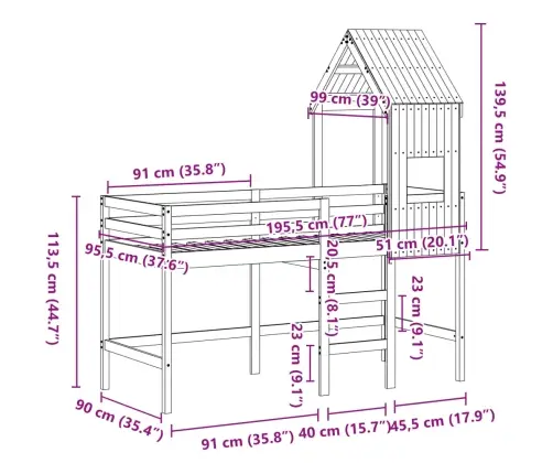 Augstā Gulta Ar Jumtu, Balta, 90X190 Cm, Priedes Masīvkoks Vidaxl