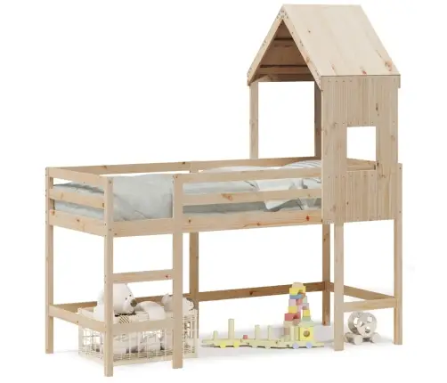 Kõrge Voodi Redeli Ja Katusega, 90X200 cm Männipuit