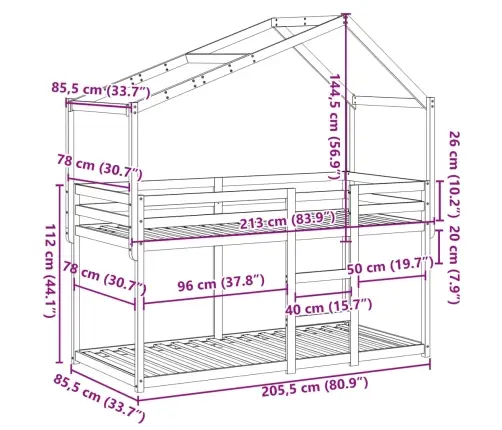 Divstāvu Gulta Ar Jumtu, 80X200 Cm, Priedes Masīvkoks Vidaxl
