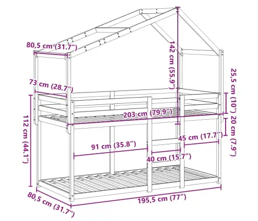Divstāvu Gulta Ar Jumtu, 75X190 Cm, Priedes Masīvkoks Vidaxl