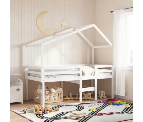 Kõrge Voodi, Katusega, Valge, 90 X 200 cm Männipuit