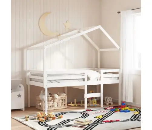 Aukšta Lova Su Stogu, Balta, 75X190cm Pušies Medienos Masyvas