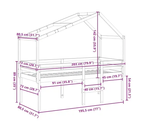 Kõrge Voodi, Katusega, Meepruun, 75 X 190 cm Männipuit