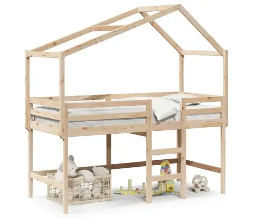 Aukšta Lova Su Kopėčiomis Ir Stogu, 90X200cm Pušies Masyvas