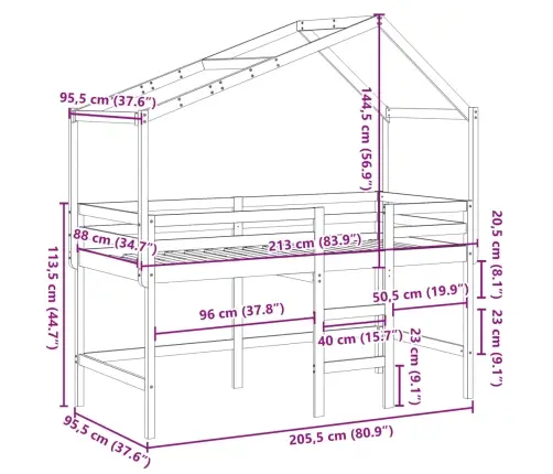 Aukšta Lova Su Kopėčiomis Ir Stogu, 90X200cm Pušies Masyvas