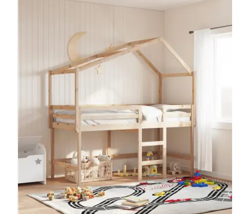 Kõrge Voodi Redeli Ja Katusega, 90X190 cm Männipuit