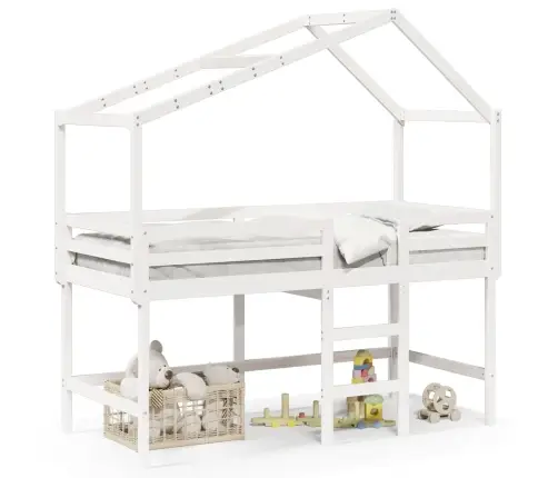 Kõrge Voodi Redeli Ja Katusega, Valge, 90 X 190 cm Männipuit