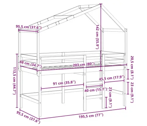 Kõrge Voodi Redeli Ja Katusega, Valge, 90 X 190 cm Männipuit