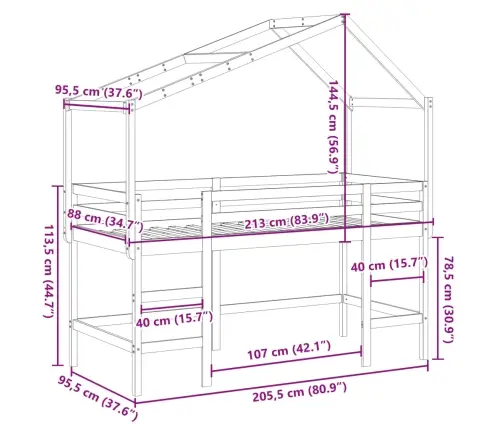Kõrge Voodi Redeli Ja Katusega, 90X200 cm Männipuit