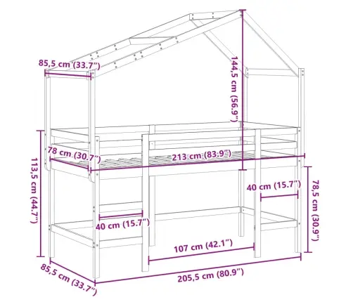 Augstā Gulta Ar Jumtu, 80X200 Cm, Priedes Masīvkoks Vidaxl
