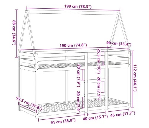 Katusega Narivoodi, Valge, 90 X 190 cm Männipuit