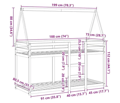 Dviaukštė Lova Su Stogu, Vaško Ruda, 75X190cm Pušies Masyvas