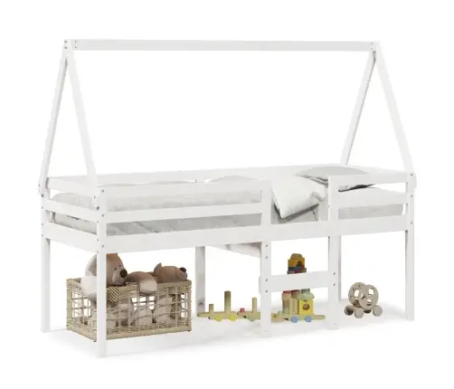 Augstā Gulta Ar Jumtu, Balta, 80X200 Cm, Priedes Masīvkoks Vidaxl