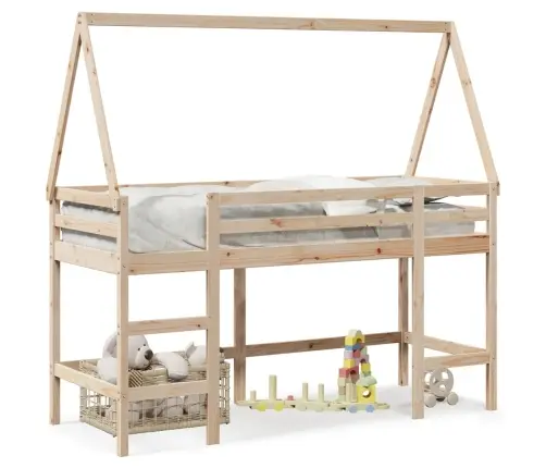 Kõrge Voodi Redeli Ja Katusega, 90X200 cm Männipuit