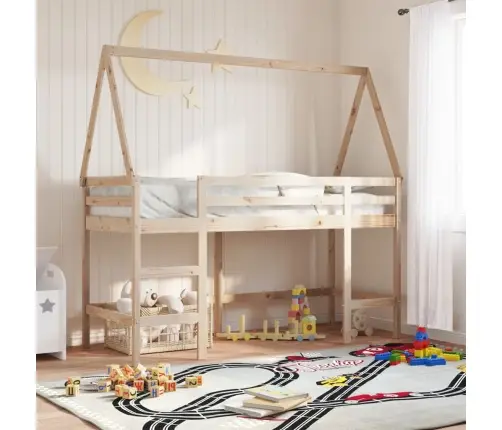 Kõrge Voodi Redeli Ja Katusega, 80 X 200 cm Männipuit