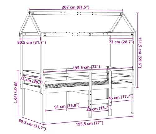 Kõrge Voodi, Katusega, Meepruun, 75 X 190 cm Männipuit