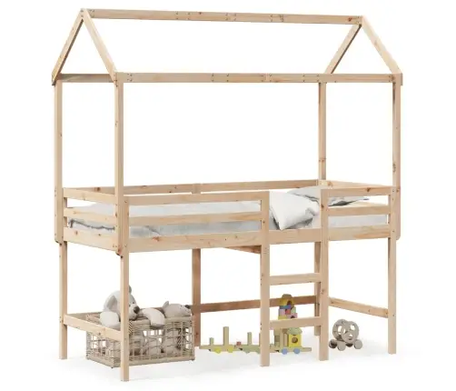 Aukšta Lova Su Kopėčiomis Ir Stogu, 90X190cm Pušies Masyvas