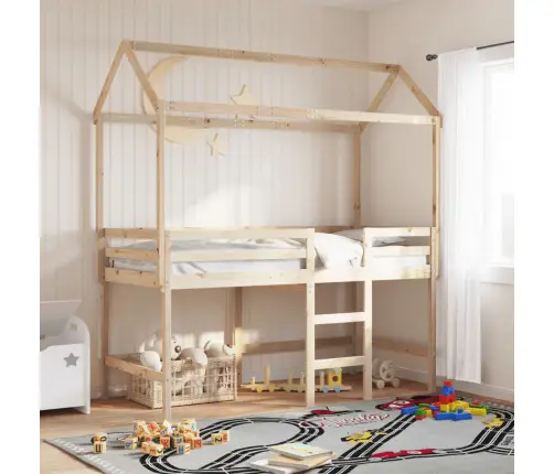 Aukšta Lova Su Kopėčiomis Ir Stogu, 90X190cm Pušies Masyvas