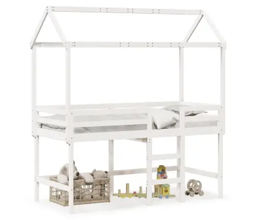 Augstā Gulta Ar Jumtu, Balta, 90X190 Cm, Priedes Masīvkoks Vidaxl