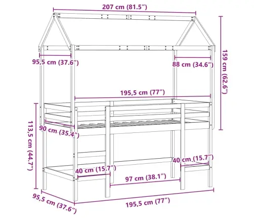 Kõrge Voodi Redeli Ja Katusega, 90X190 cm Männipuit