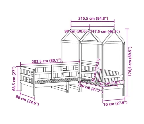 Katuse Ja Pingiga Päevavoodi, Valge, 80 X 200 cm Männipuit